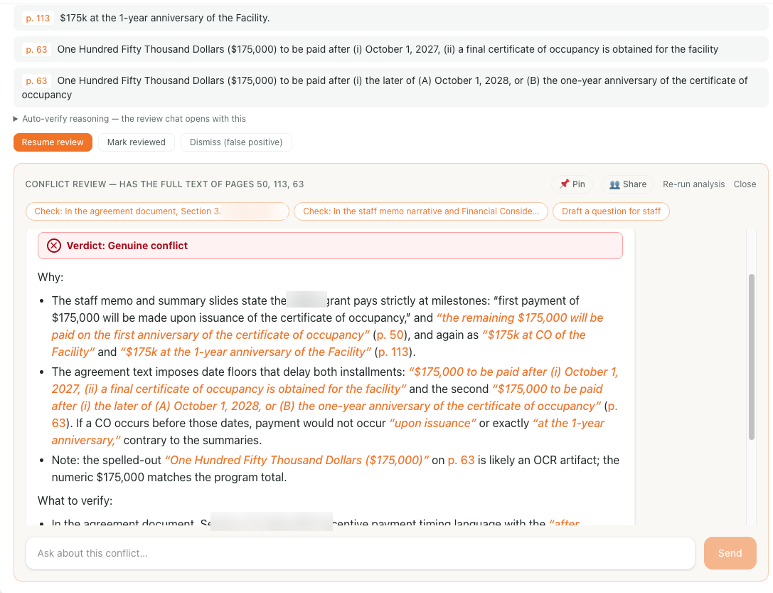 A conflict review panel: the conflicting quotations with page numbers, a verdict, the reasoning behind it, and a chat box to ask follow-up questions
